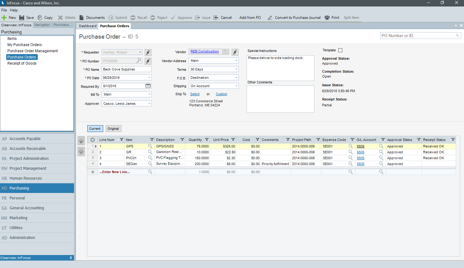 Purchase Orders in InFocus ERP for Architects & Engineers